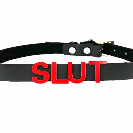 FC291-RS   RED LEATHER STAINLESS STEEL LETTER NAME FETISH  CHOKER