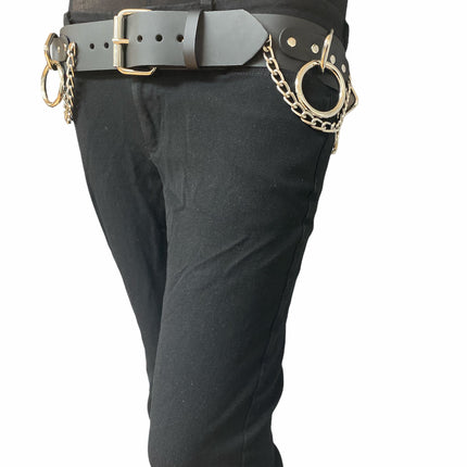 BT115 BLACK LEATHER BONDAGE BELT, 1 1/2" LOOP, RING, & CHAIN