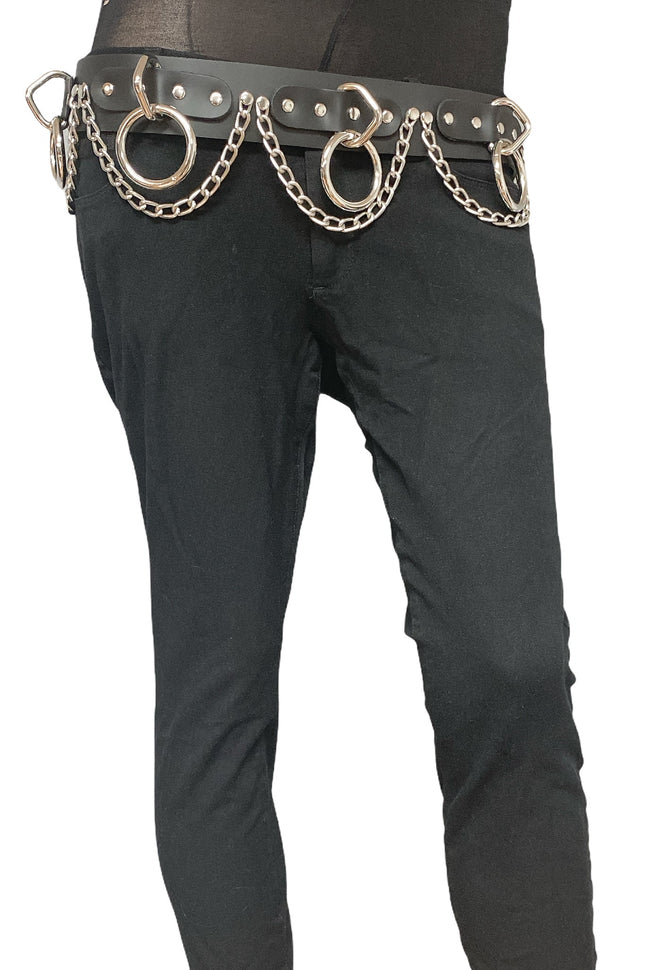BT115 BLACK LEATHER BONDAGE BELT, 1 1/2" LOOP, RING, & CHAIN