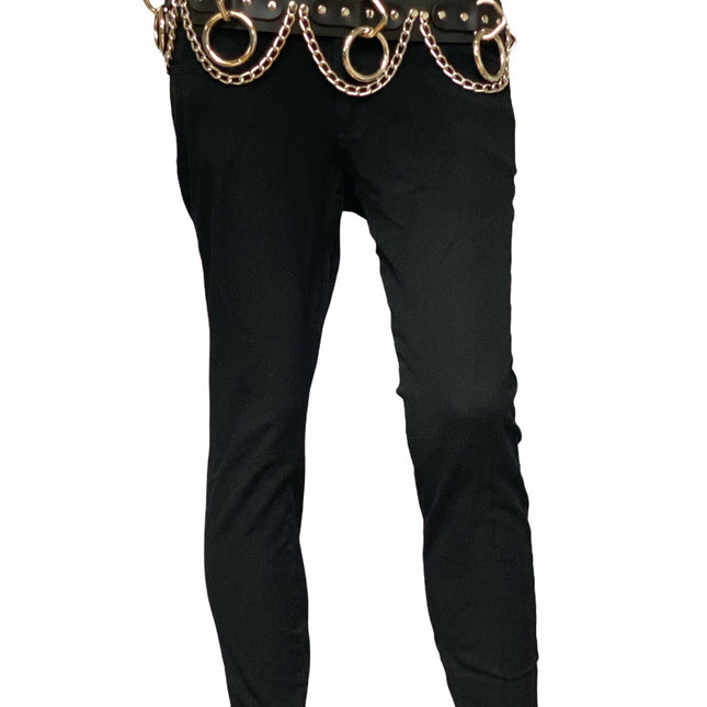 BT115 BLACK LEATHER BONDAGE BELT, 1 1/2" LOOP, RING, & CHAIN