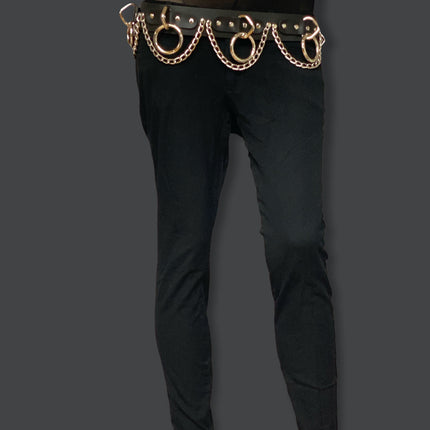 BT115 BLACK LEATHER BONDAGE BELT, 1 1/2" LOOP, RING, & CHAIN