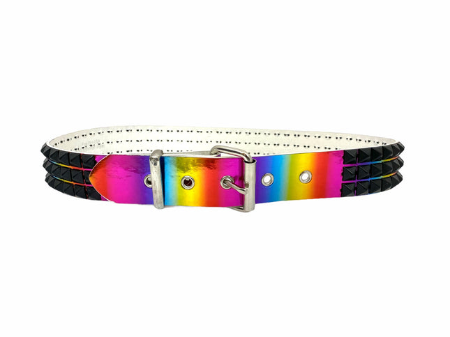BT104RN-M-BS  RAINBOW 3 ROW PYRAMID STUDDED  BELT