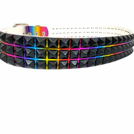 BT104RN-M-BS  RAINBOW 3 ROW PYRAMID STUDDED  BELT