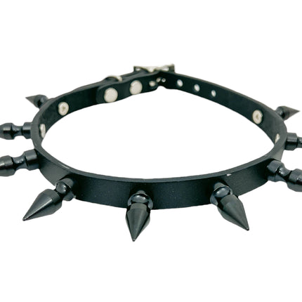 FCK324  1/2"  SKINNY WIDE 1" SPIKE BLACK LEATHER CHOKER