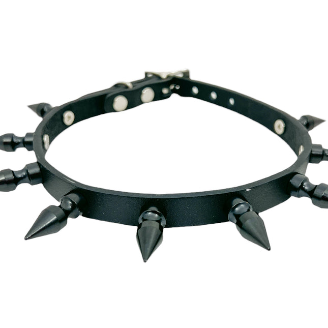 FCK324  1/2"  SKINNY WIDE 1" SPIKE BLACK LEATHER CHOKER