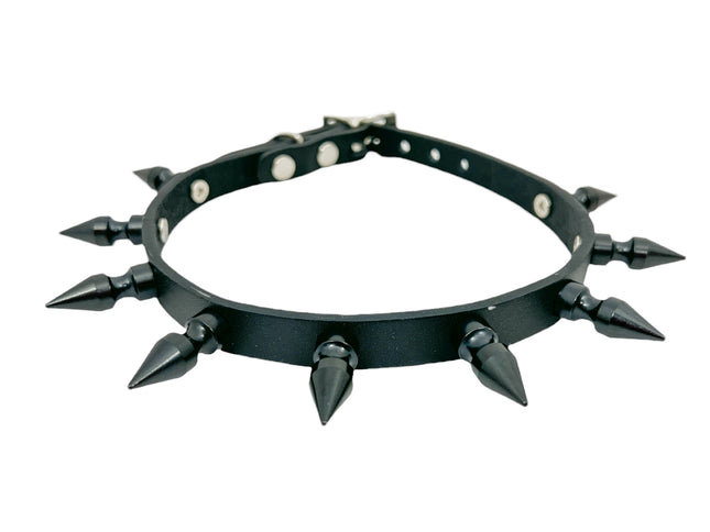 FCK324  1/2"  SKINNY WIDE 1" SPIKE BLACK LEATHER CHOKER