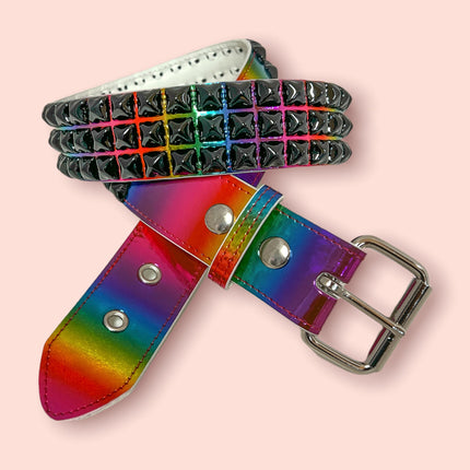 BT104RN-M-BS  RAINBOW 3 ROW PYRAMID STUDDED  BELT