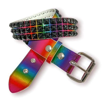 BT104RN-M-BS  RAINBOW 3 ROW PYRAMID STUDDED  BELT