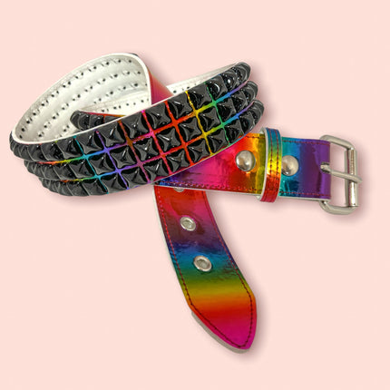 BT104RN-M-BS  RAINBOW 3 ROW PYRAMID STUDDED  BELT