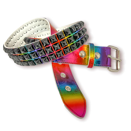 BT104RN-M-BS  RAINBOW 3 ROW PYRAMID STUDDED  BELT