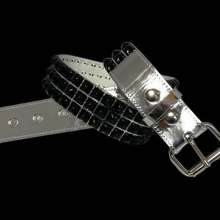 BT104P-SIL-BS PATENT SILVER 3 ROW PYRAMID STUDDED  BELT