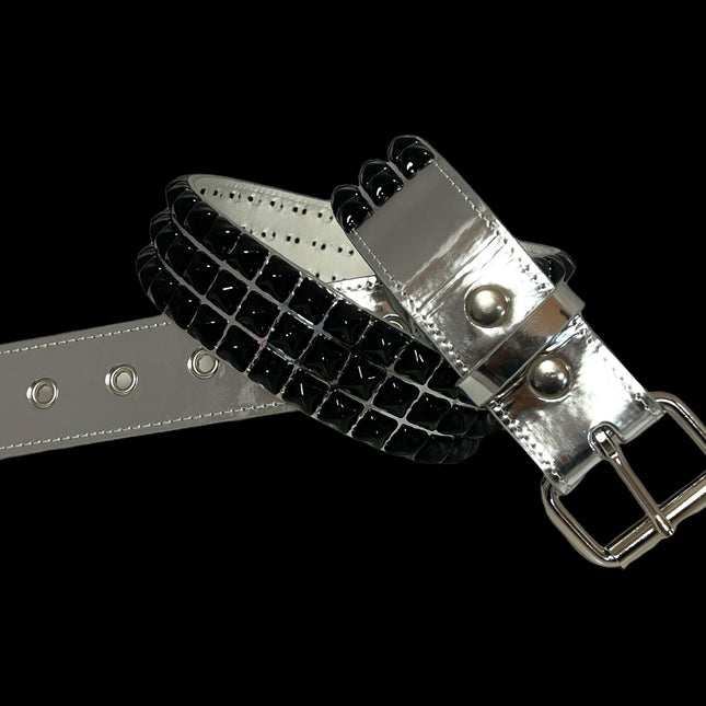 BT104P-SIL-BS PATENT SILVER 3 ROW PYRAMID STUDDED  BELT