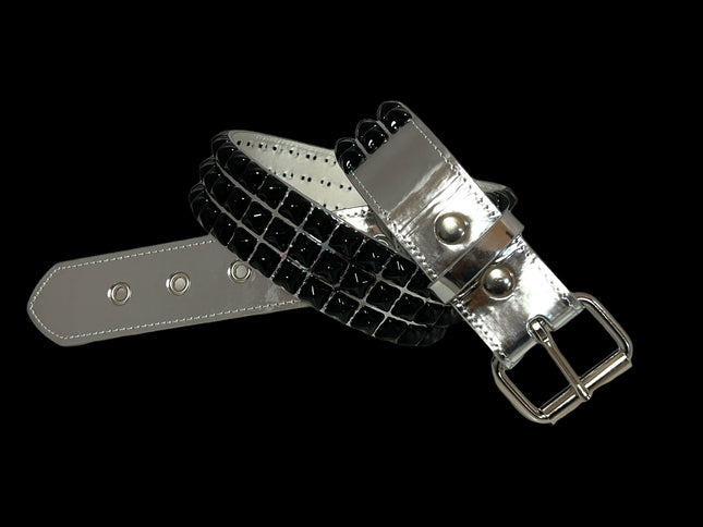 BT104P-SIL-BS PATENT SILVER 3 ROW PYRAMID STUDDED  BELT