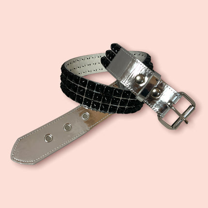 BT104P-SIL-BS PATENT SILVER 3 ROW PYRAMID STUDDED  BELT
