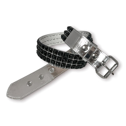 BT104P-SIL-BS PATENT SILVER 3 ROW PYRAMID STUDDED  BELT