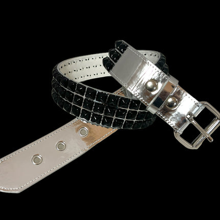 BT104P-SIL-BS PATENT SILVER 3 ROW PYRAMID STUDDED  BELT