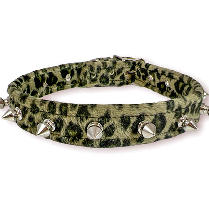 CK134L FUZZY LEOPARD  1/2" SPIKE CHOKER HANDMADE IN USA