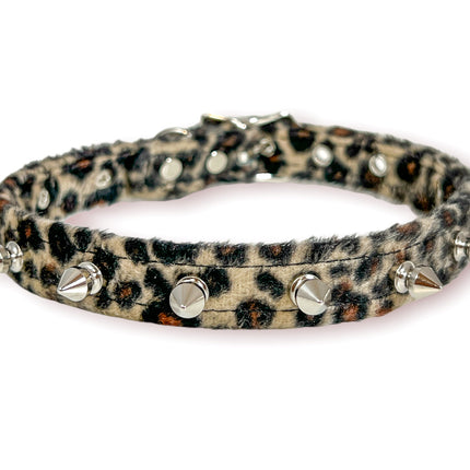 CK134L FUZZY LEOPARD  1/2" SPIKE CHOKER HANDMADE IN USA