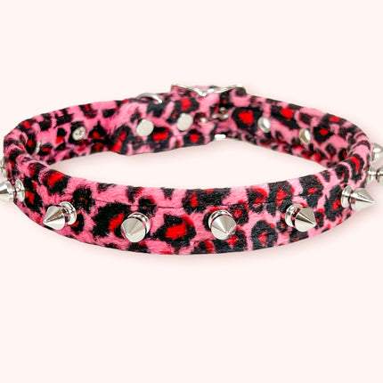 CK134L FUZZY LEOPARD  1/2" SPIKE CHOKER HANDMADE IN USA