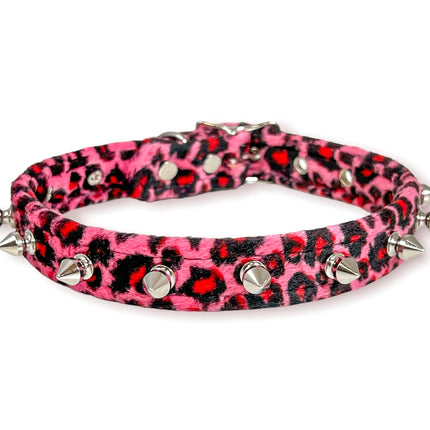 CK134L FUZZY LEOPARD  1/2" SPIKE CHOKER HANDMADE IN USA