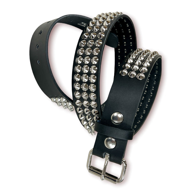 BT108 BLACK LEATHER BELT, 3 ROW CONICAL STUDS, 1 1/2" WIDE
