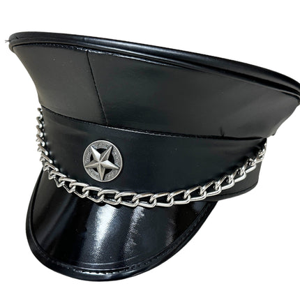 HT334 BLACK PATENT CAPTAIN HAT WITH CHAIN AND STAR