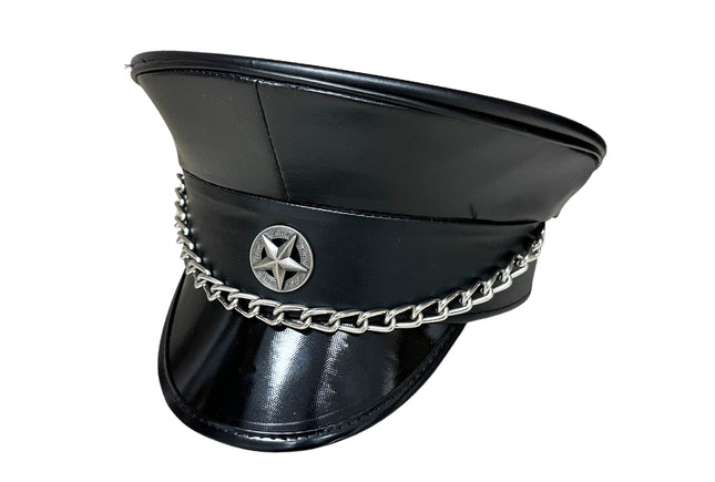 HT334 BLACK PATENT CAPTAIN HAT WITH CHAIN AND STAR