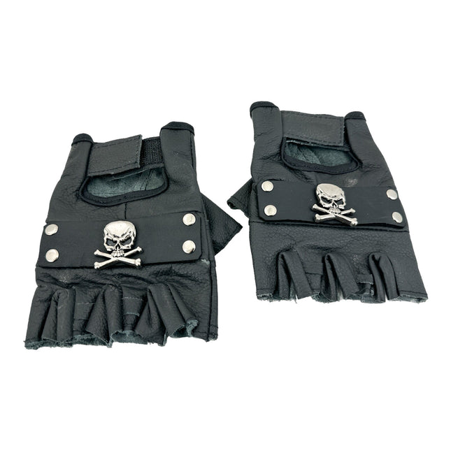 FG113 SKULL CROSSBONE GENUINE LEATHER FINGERLESS GLOVES PAIR