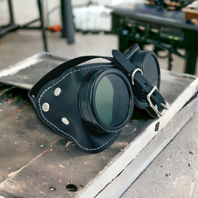 G506BLK-BLACK COWHIDE GENUINE LEATHER WELDING STEAMPUNK GOGGLES