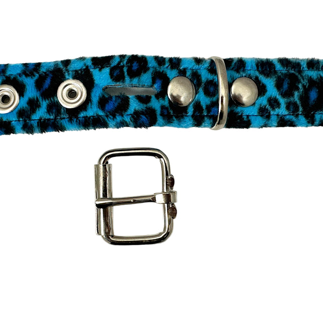 BT117L-BLUE LEOPARD FUZZY  2 ROW PYRAMID STUDDED  BELT