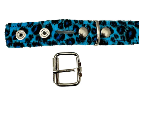 BT117L-BLUE LEOPARD FUZZY  2 ROW PYRAMID STUDDED  BELT