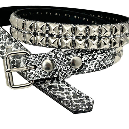BT117SNK-WHITE SNAKE 2 ROW PYRAMID STUDDED BELT