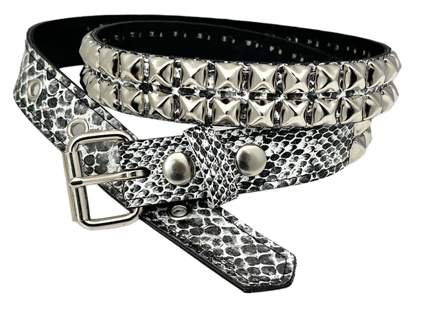 BT117SNK-WHITE SNAKE 2 ROW PYRAMID STUDDED BELT