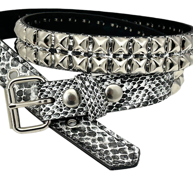 BT117SNK-WHITE SNAKE 2 ROW PYRAMID STUDDED BELT
