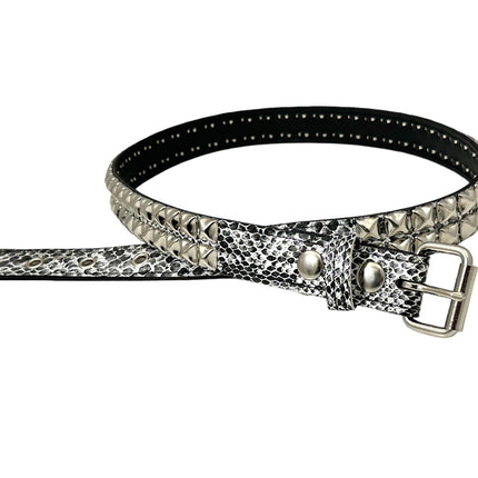 BT117SNK-WHITE SNAKE 2 ROW PYRAMID STUDDED BELT