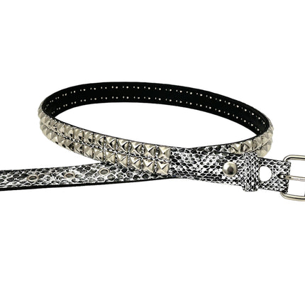 BT117SNK-WHITE SNAKE 2 ROW PYRAMID STUDDED BELT