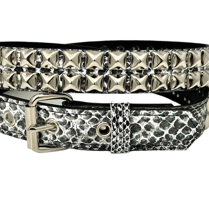 BT117SNK-WHITE SNAKE 2 ROW PYRAMID STUDDED BELT
