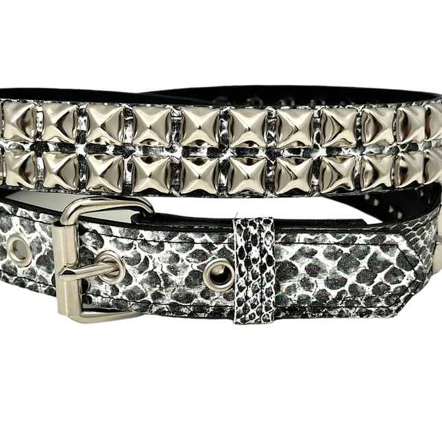 BT117SNK-WHITE SNAKE 2 ROW PYRAMID STUDDED BELT