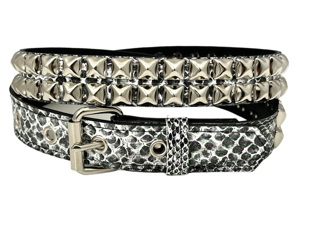 BT117SNK-WHITE SNAKE 2 ROW PYRAMID STUDDED BELT