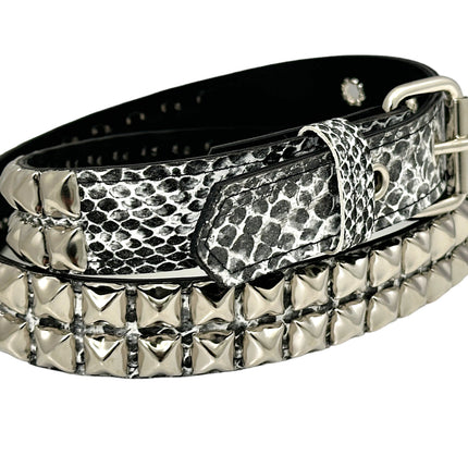 BT117SNK-WHITE SNAKE 2 ROW PYRAMID STUDDED BELT