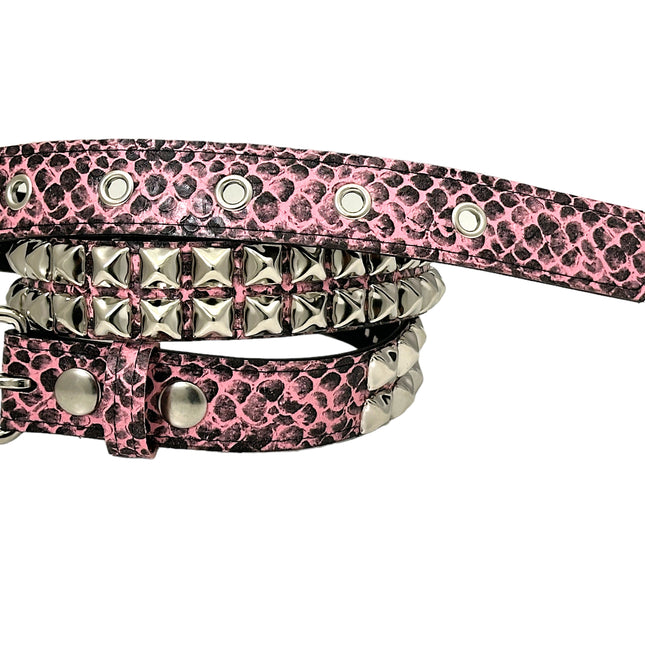 BT117SNK-PINK SNAKE 2 ROW PYRAMID STUDDED BELT