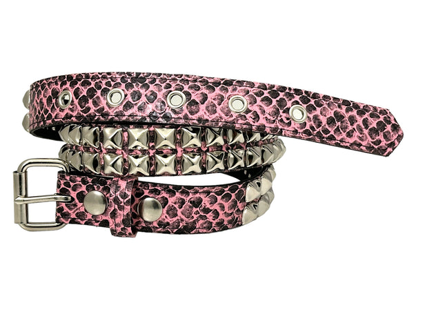 BT117SNK-PINK SNAKE 2 ROW PYRAMID STUDDED BELT