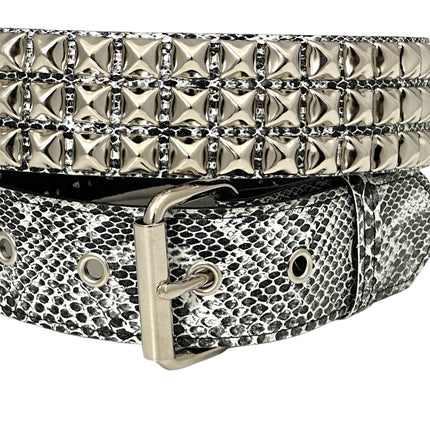 BT104SNK-WHITE SNAKE 3 ROW PYRAMID STUD BELT