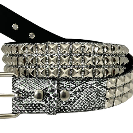 BT104SNK-WHITE SNAKE 3 ROW PYRAMID STUD BELT