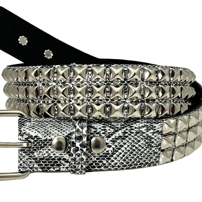 BT104SNK-WHITE SNAKE 3 ROW PYRAMID STUD BELT