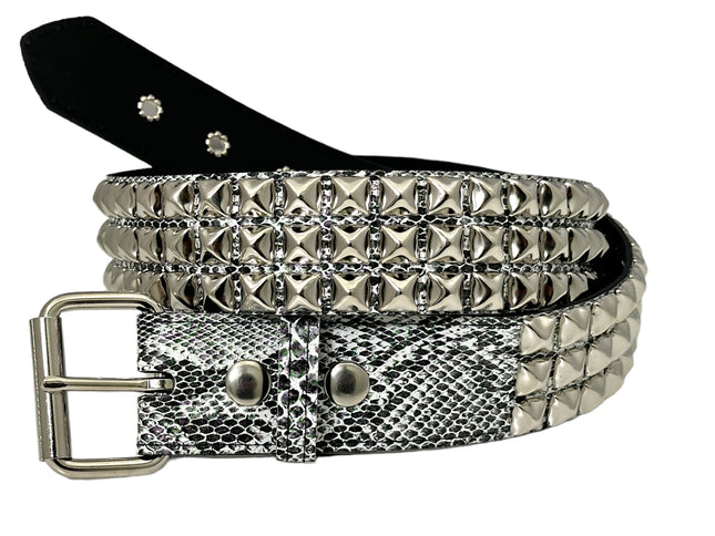 BT104SNK-WHITE SNAKE 3 ROW PYRAMID STUD BELT