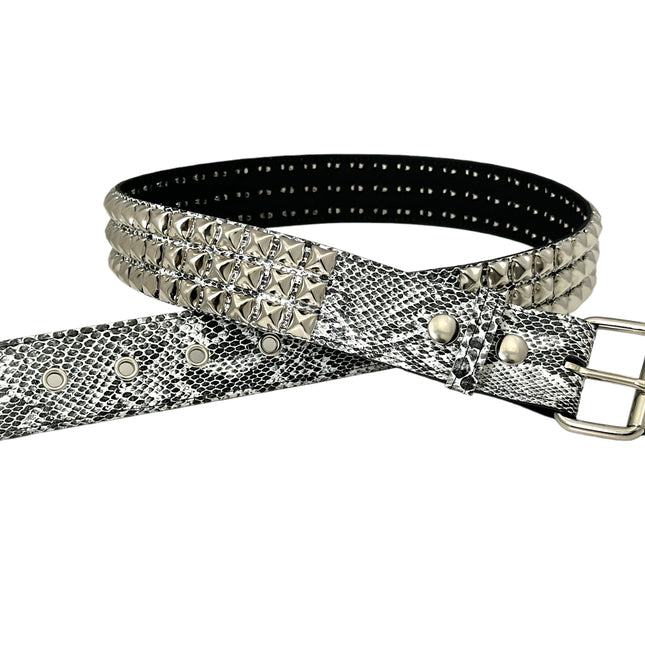 BT104SNK-WHITE SNAKE 3 ROW PYRAMID STUD BELT