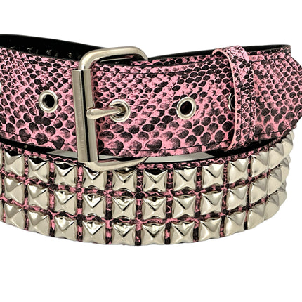 BT104 SNK-PINK SNAKE 3 ROW PYRAMID STUD BELT