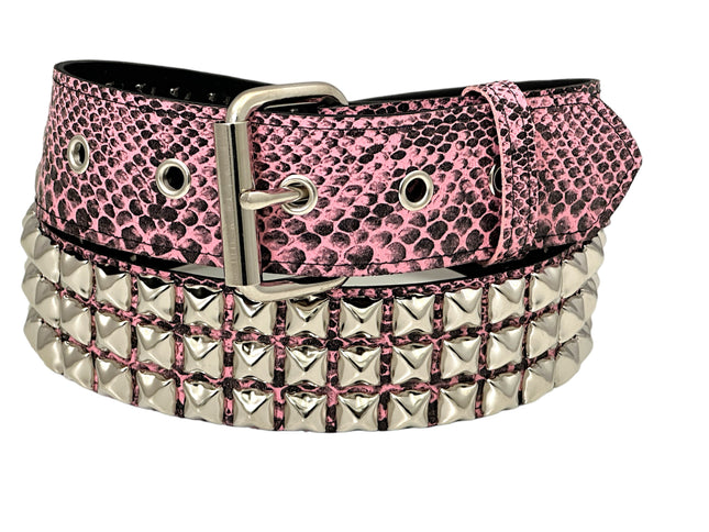BT104 SNK-PINK SNAKE 3 ROW PYRAMID STUD BELT