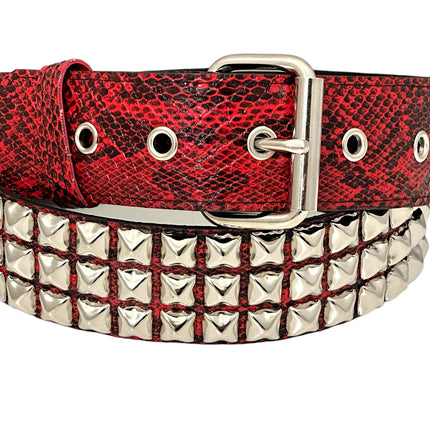 BT104SNK-RED SNAKE 3 ROW PYRAMID STUD BELT